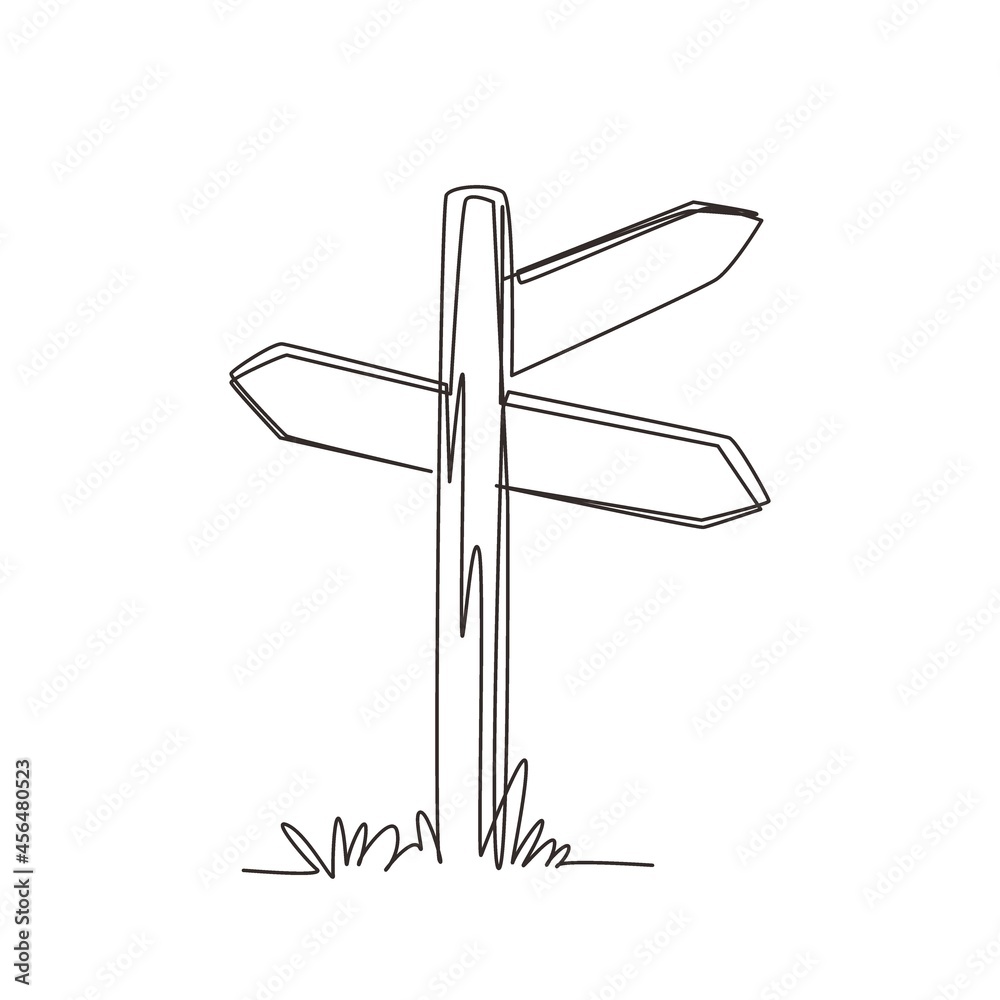 Continuous one line drawing wooden way direction sign. Vintage board on pole from brown hardwood for information message. Textured wooden sign board, direction arrows. Single line draw design vector - obrazy, fototapety, plakaty 