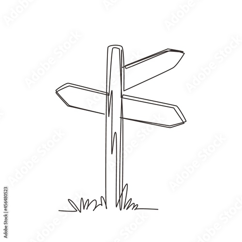 Continuous one line drawing wooden way direction sign. Vintage board on pole from brown hardwood for information message. Textured wooden sign board, direction arrows. Single line draw design vector