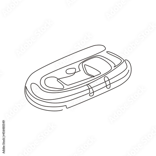 Continuous one line drawing inflatable boat. Rubber boat blowing by air. Summer joy equipment for relaxing, leisure summer time. Water sport kit. Lifeguard rescue tool. Single line draw design vector
