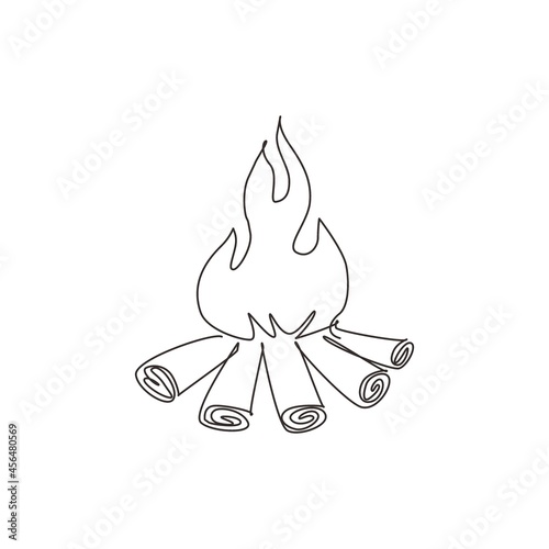 Single one line drawing fireplace campfire. Burning wood, travel and adventure symbol. Bonfire or woodfire. Tourist bonfires form of stack. Continuous line draw design graphic vector illustration