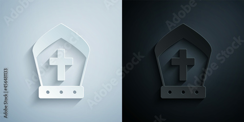 Paper cut Pope hat icon isolated on grey and black background. Christian hat sign. Paper art style. Vector