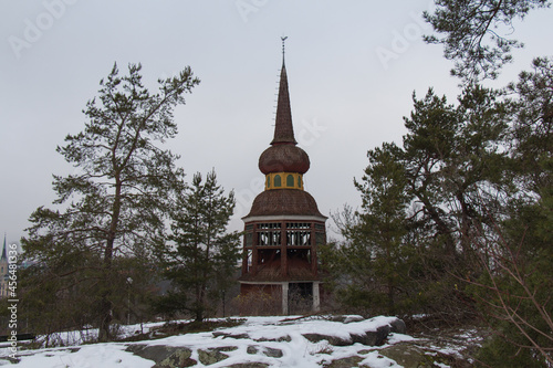 Photography Hasjo belfry in winter time at Skansen Open-Air Museum, Stockholm, Sweden