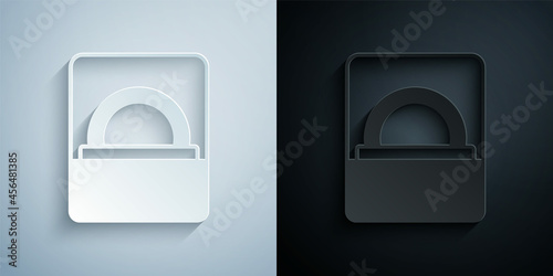 Paper cut Diamond engagement ring in a box icon isolated on grey and black background. Paper art style. Vector