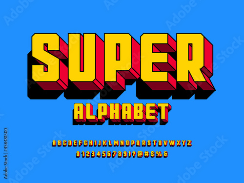Superhero comic style vector font with uppercase, numbers and symbols
