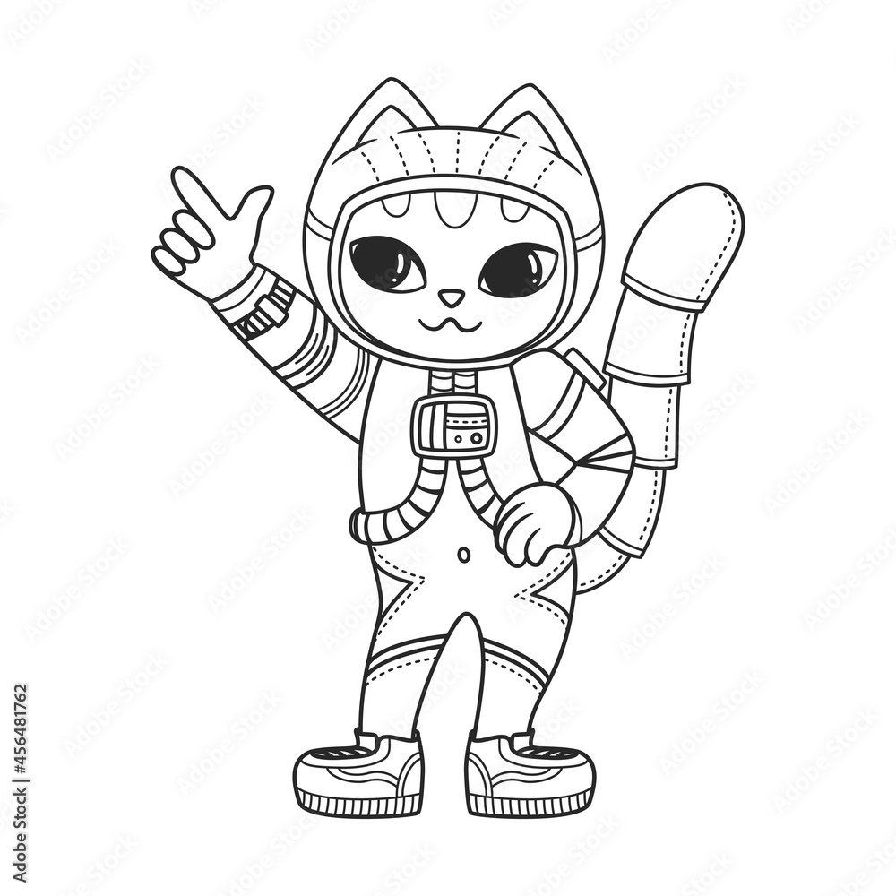 Cute dancing cat in a spacesuit. Astronaut kitten. Vector illustration isolated on white background.