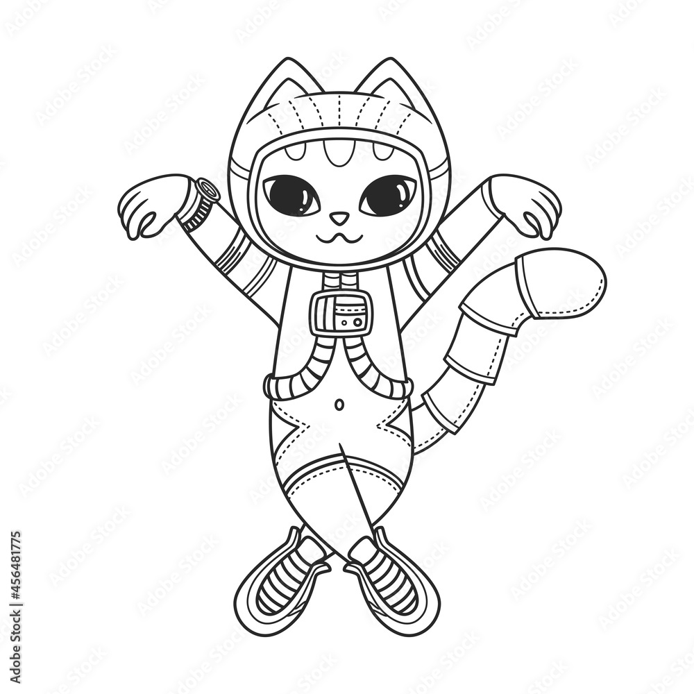 Cute dancing cat in a spacesuit. Astronaut kitten. Vector illustration isolated on white background. Cute dancing cat in a spacesuit. Astronaut kitten. Vector illustration isolated on white background.