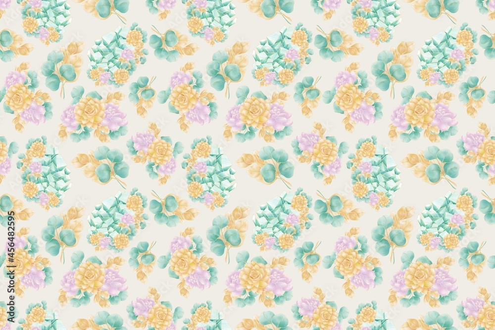 Decorative, bright seamless pattern of illustrations of flowers of succulents, twigs, leaves of green, orange, pink on a beige background