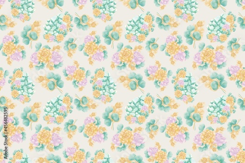 Decorative, bright seamless pattern of illustrations of flowers of succulents, twigs, leaves of green, orange, pink on a beige background