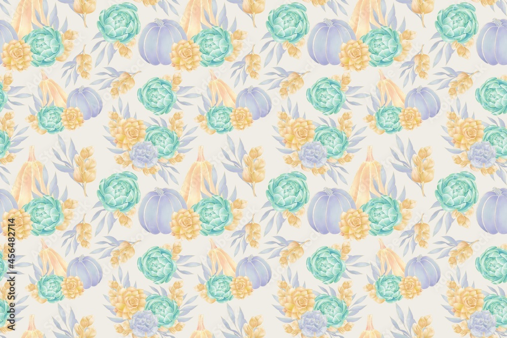 Delicate decorative seamless pattern of illustrations of pumpkins and succulent flowers, orange, blue and light green color