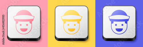 Isometric Sailor icon isolated on pink, yellow and blue background. Square button. Vector