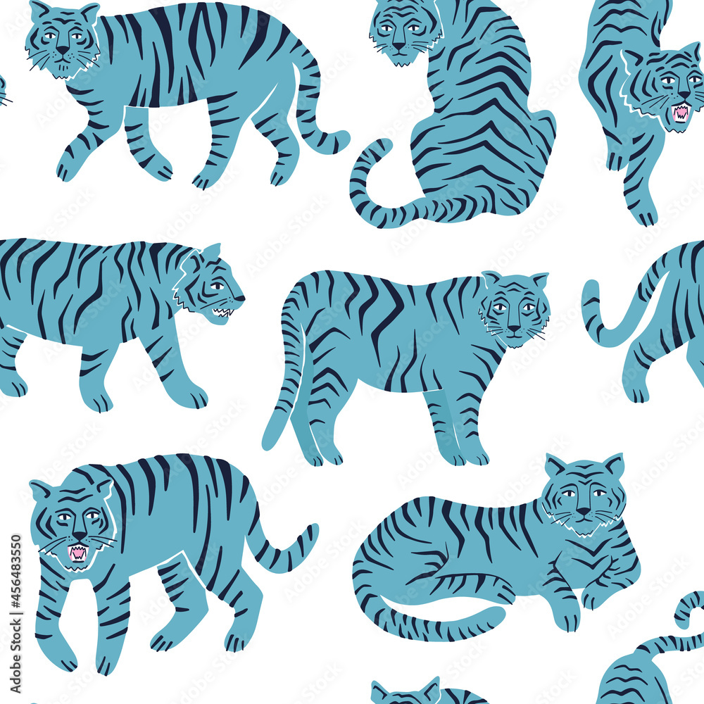 Obraz premium Seamless pattern with tigers in diffirent poses. HAnd drawn vector illustration