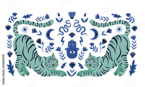 Obraz na płótnie Symmetrical concept with  tigers and mystical boho elements