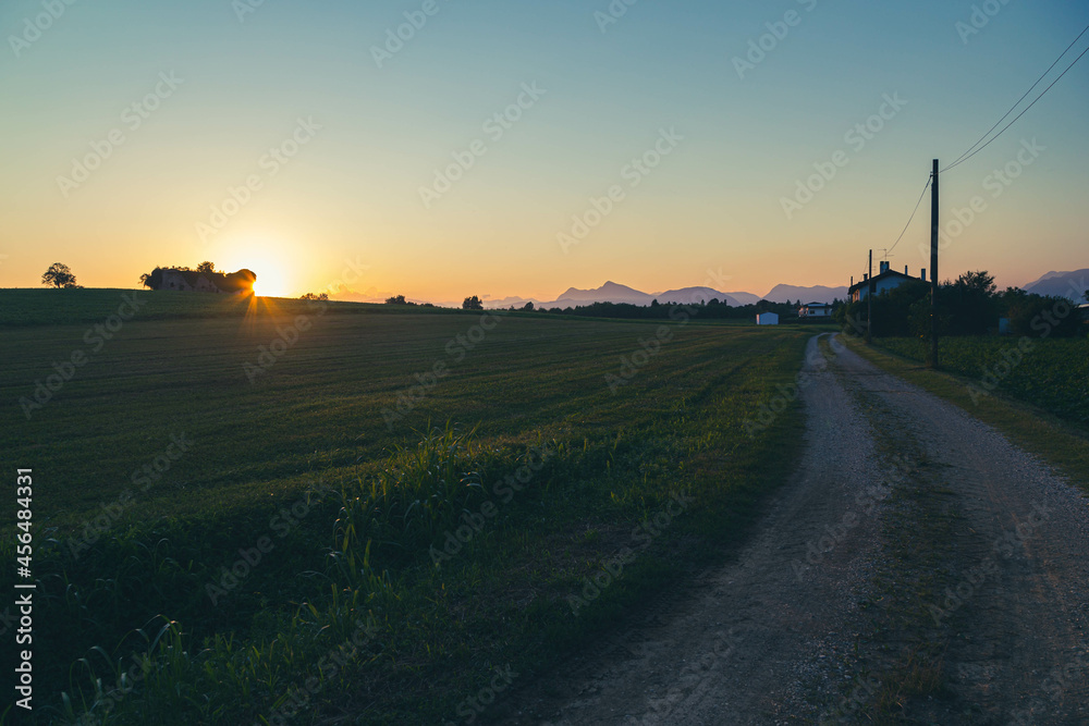 Colorful sunset in the fields of Friuli Venezia-Giulia