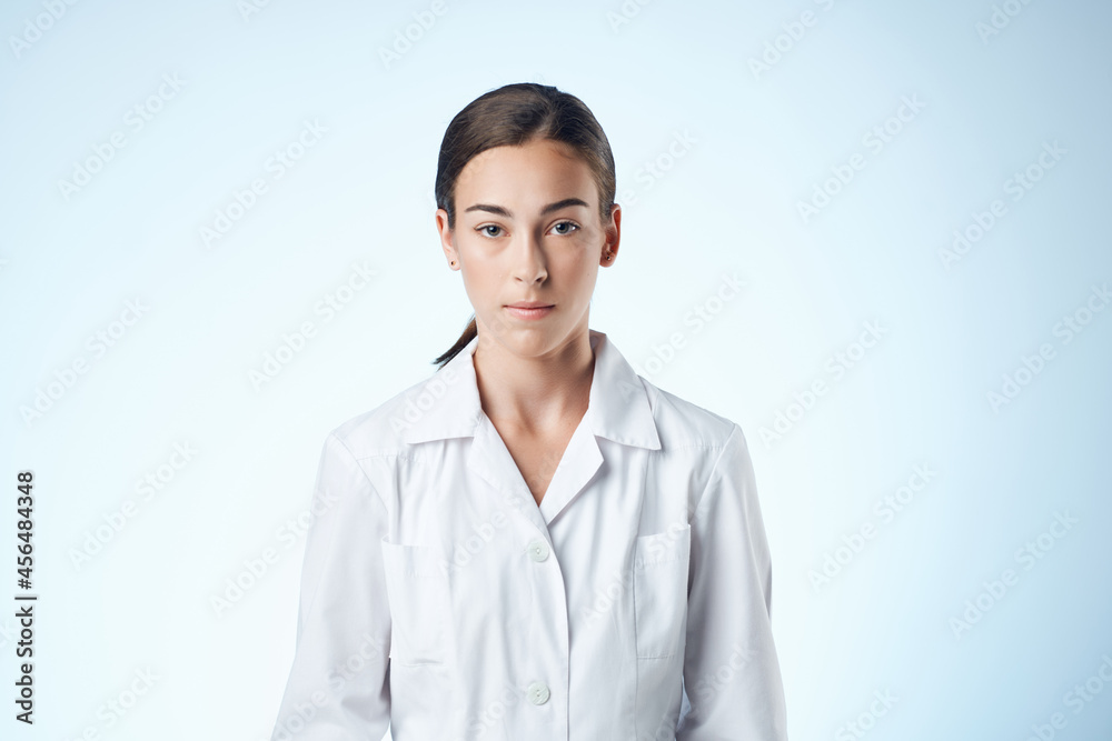 female doctor sitting at the table microscope research light background female doctor sitting at the table microscope research light background