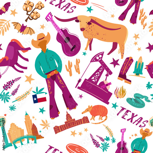 Seamless pattern with symbols and animals of America Texas state. Full color icons on white background vector illustration.