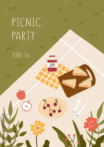 Picnic concept. Blanket with food and flowers. Hand drawn vector illustration