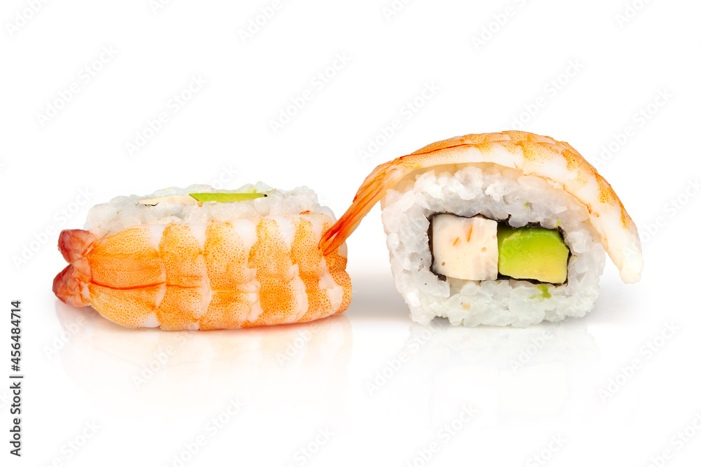 Detail of shrimp and avocado sushi with a white background Detail of shrimp and avocado sushi with a white background
