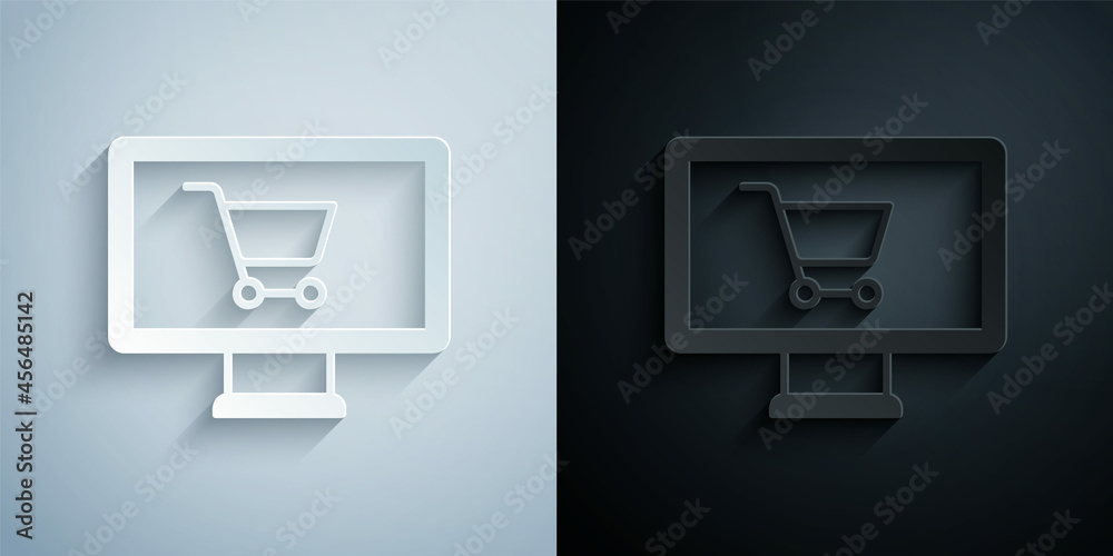 Paper cut Shopping cart on monitor icon isolated on grey and black background. Concept e-commerce, e-business, online business marketing. Paper art style. Vector Paper cut Shopping cart on monitor icon isolated on grey and black background. Concept e-commerce, e-business, online business marketing. Paper art style. Vector