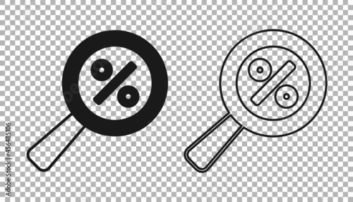 Black Magnifying glass with percent discount icon isolated on transparent background. Discount offers searching. Search for discount sale sign. Vector