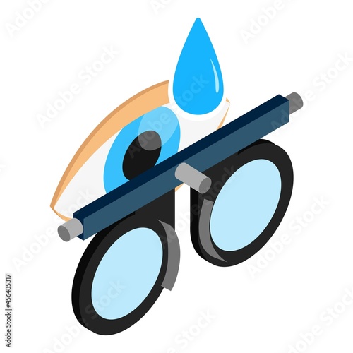 Check vision icon isometric vector. Trial frame, open human eye and blue drop. Optometrist equipment, ophthalmology concept