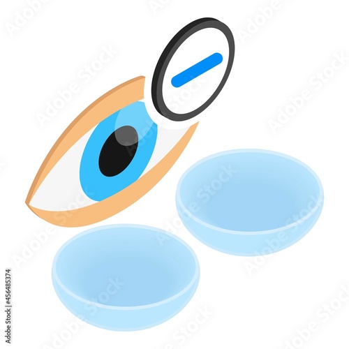 Vision care icon isometric vector. Open human eye, contact lenses and minus sign. Eye health, myopia, ophthalmology concept