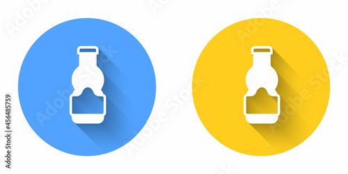 White Sauce bottle icon isolated with long shadow background. Ketchup, mustard and mayonnaise bottles with sauce for fast food. Circle button. Vector