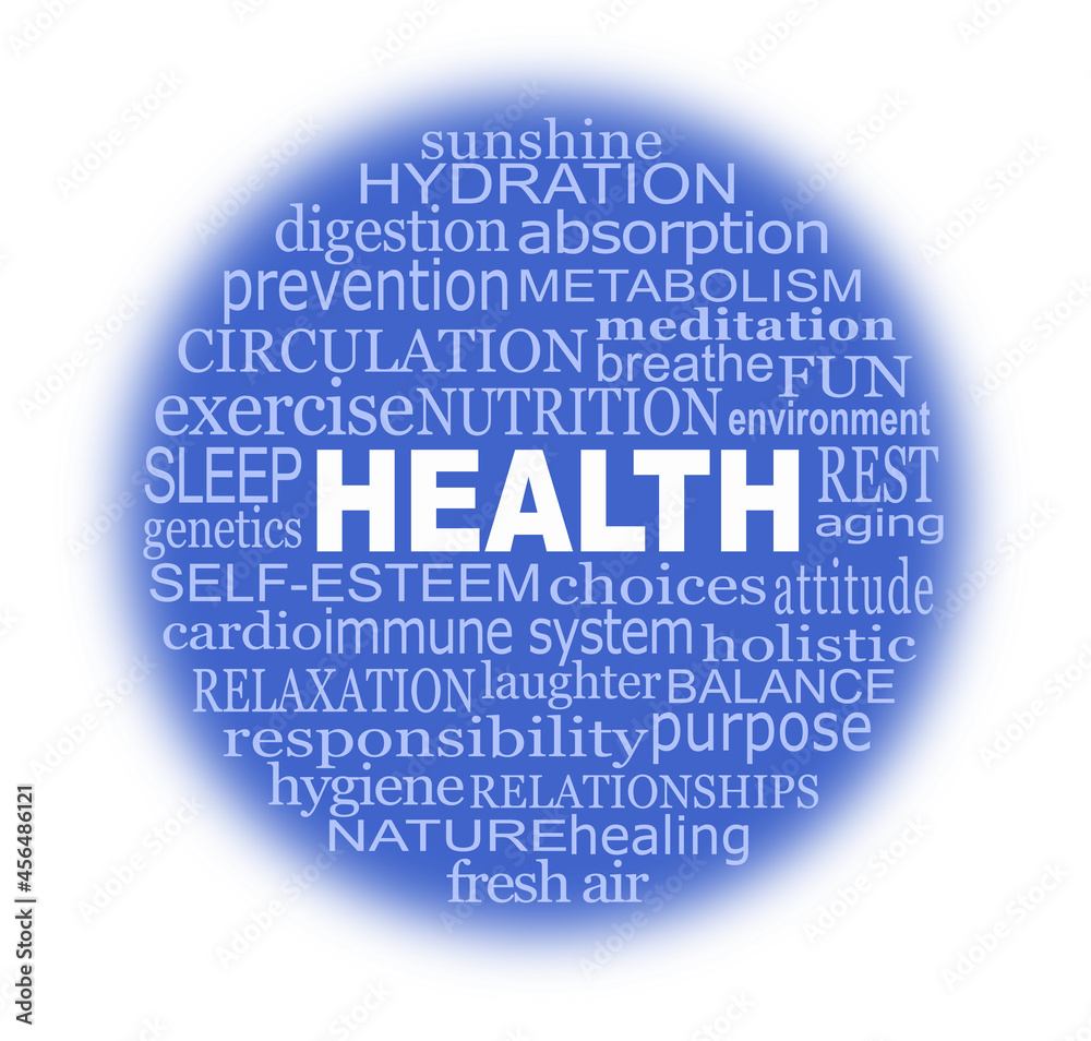 Words associated with maintaining good HEALTH word Circle - defocused edged blue round tag cloud with words relevant to healthy lifestyle isolated on white background

