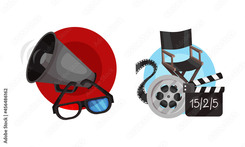 Obraz premium Cinema Elements with Director Chair and Magaphone Vector Composition Set