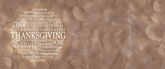 Words associated with  THANKSGIVING Word Circle - wide golden fluffy feather background with a round Thanksgiving word cloud on left side and copy space on right
