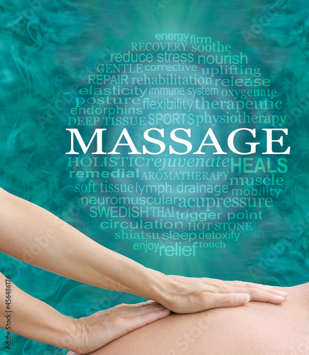Enjoy the destressing benefits of a healing body massage - female hands gliding along a patients upper back with a spiral MASSAGE Word Cloud above against an ethereal jade green background 