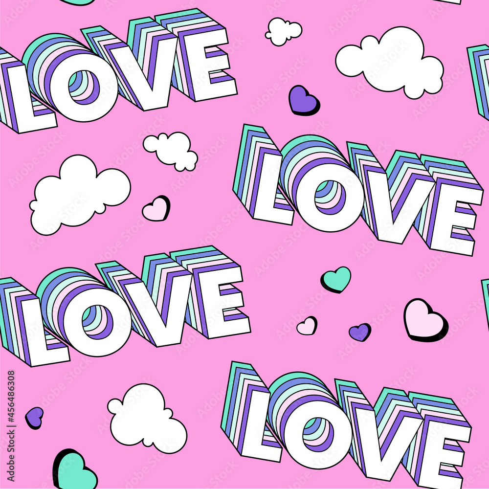 Valentine's day seamless pattern. Love lettering on pink background. Heart shape and clouds.