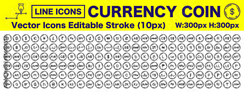 世界の硬貨　ラインアイコン　セット　ベクターイラスト