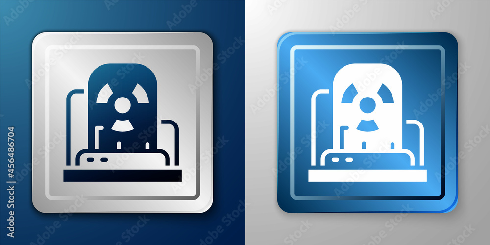 White Radioactive warning lamp icon isolated on blue and grey background. Silver and blue square button. Vector White Radioactive warning lamp icon isolated on blue and grey background. Silver and blue square button. Vector