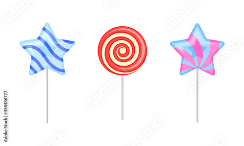 Twisted and Swirling Lollipop on Stick as Sugar Candy for Sucking or Licking Vector Set