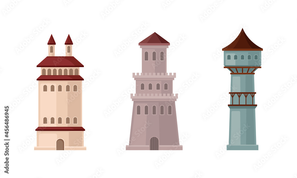 Medieval Castle Tall Tower or Turret Made of Stone Vector Set