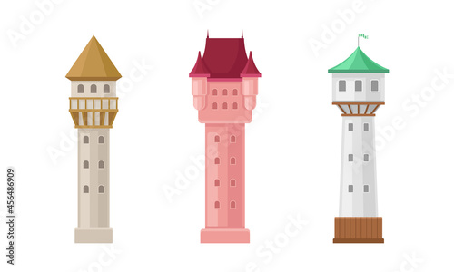 Medieval Castle Tall Tower or Turret Made of Stone Vector Set