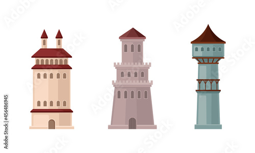 Medieval Castle Tall Tower or Turret Made of Stone Vector Set