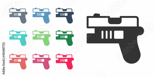 Black Futuristic space gun blaster icon isolated on white background. Laser Handgun. Alien Weapon. Set icons colorful. Vector