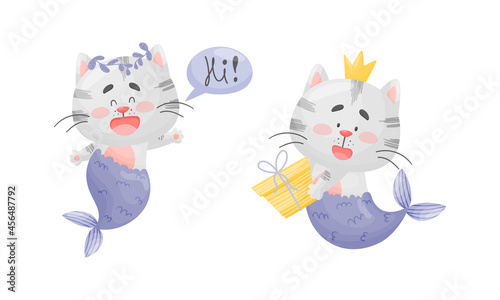 Grey Cat Mermaid with Fish Tail and Floral Wreath Greeting and Holding Gift Box Vector Set