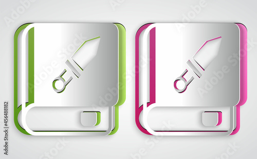 Paper cut Book about weapon icon isolated on grey background. Small firearm. Weapon catalog. Paper art style. Vector