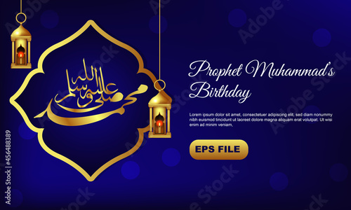 Islamic prophet birthday greeting, maulid an-nabi concept in blue and gold