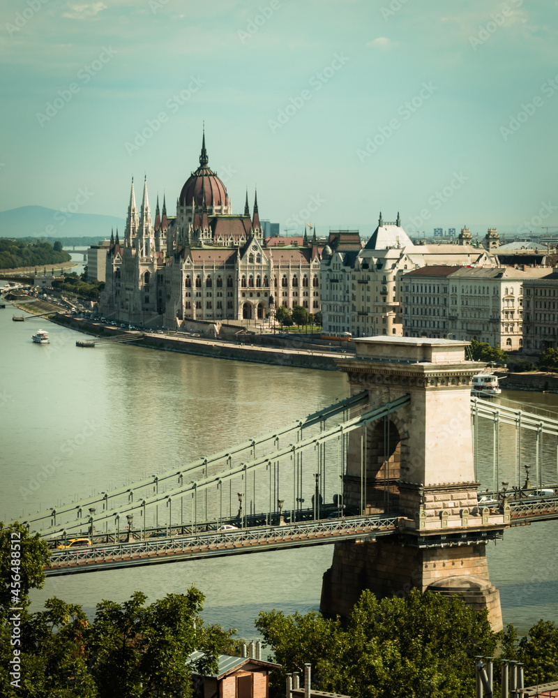 View of Chain Bridge, Hungarian Parliament and Danube River form Buda Castle
