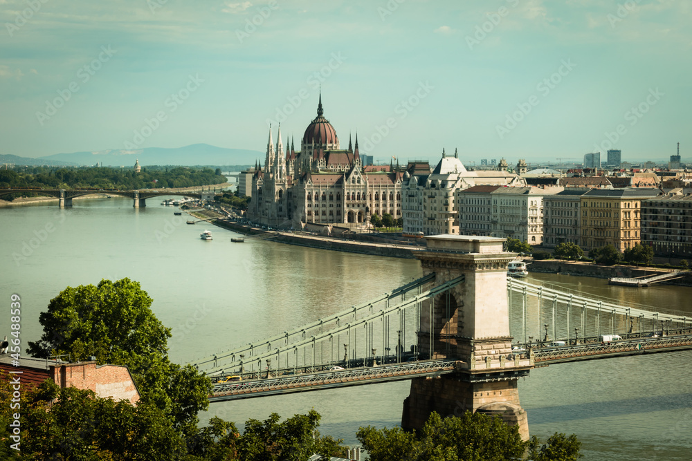 Fototapeta premium View of Chain Bridge, Hungarian Parliament and Danube River form Buda Castle