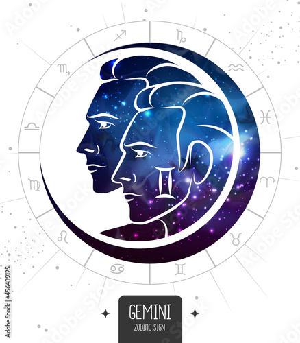 Modern magic witchcraft card with astrology Gemini zodiac sign. Men portraits with outer space inside