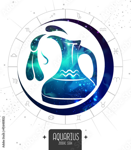Modern magic witchcraft card with astrology Aquarius zodiac sign. Water jug silhouette with outer space inside