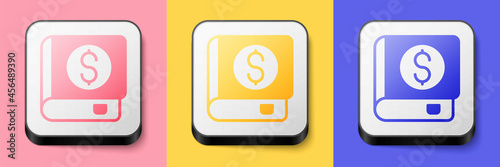 Isometric Financial book icon isolated on pink, yellow and blue background. Square button. Vector