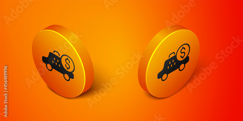 Isometric Taximeter device icon isolated on orange background. Measurement appliance for passenger fare in taxi car. Orange circle button. Vector