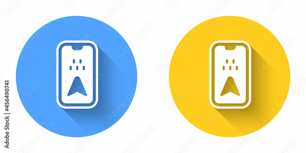 White Infographic of city map navigation icon isolated with long shadow background. Mobile App Interface concept design. Geolacation concept. Circle button. Vector