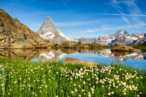 Matterhorn and reflection on the water surface at the morning time. Beautiful...
