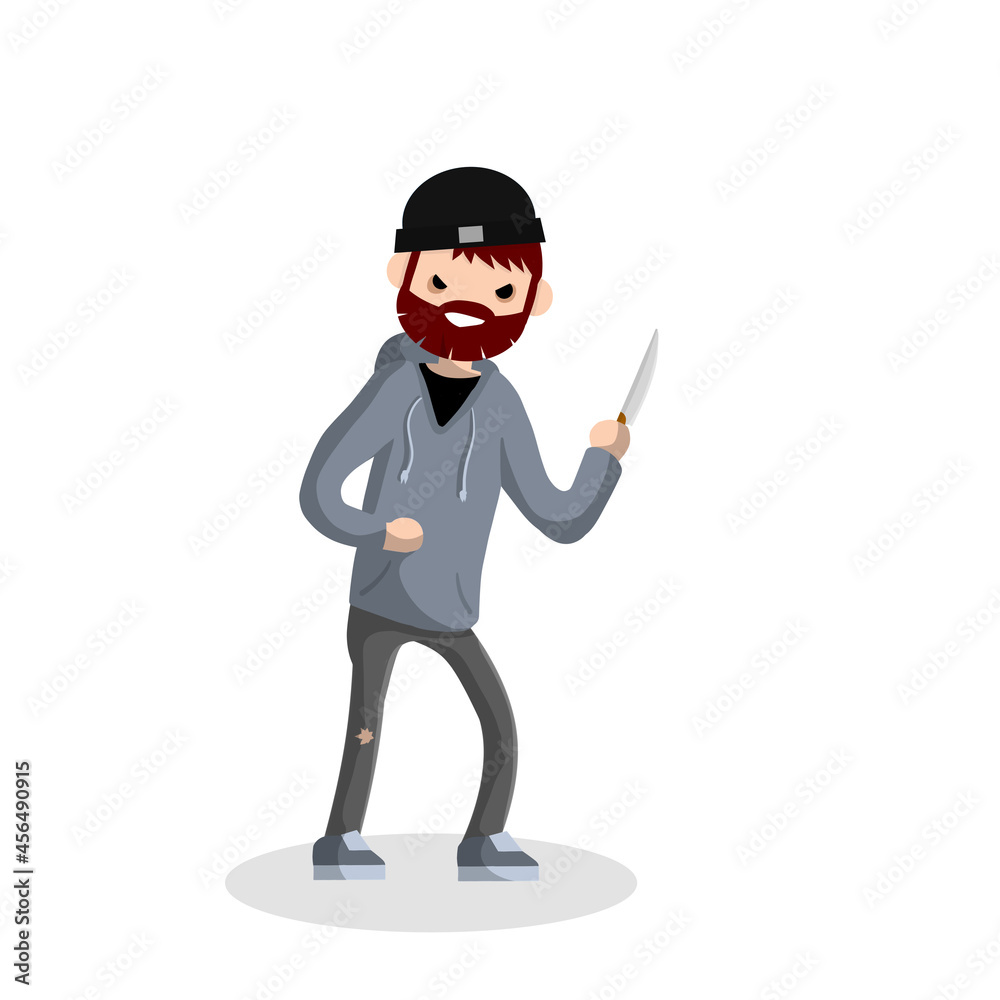 Angry young man with knife. Street Crime. Criminal guy offender. Robber thief in hoodie. Urban security problem - Cartoon flat illustration Angry young man with knife. Street Crime. Criminal guy offender. Robber thief in hoodie. Urban security problem - Cartoon flat illustration